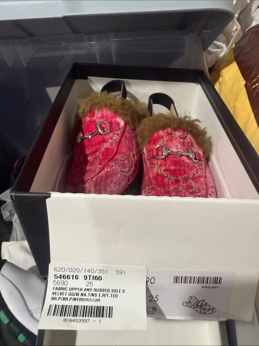 Gucci Pink Velvet Fur-Trim Horsebit Mules